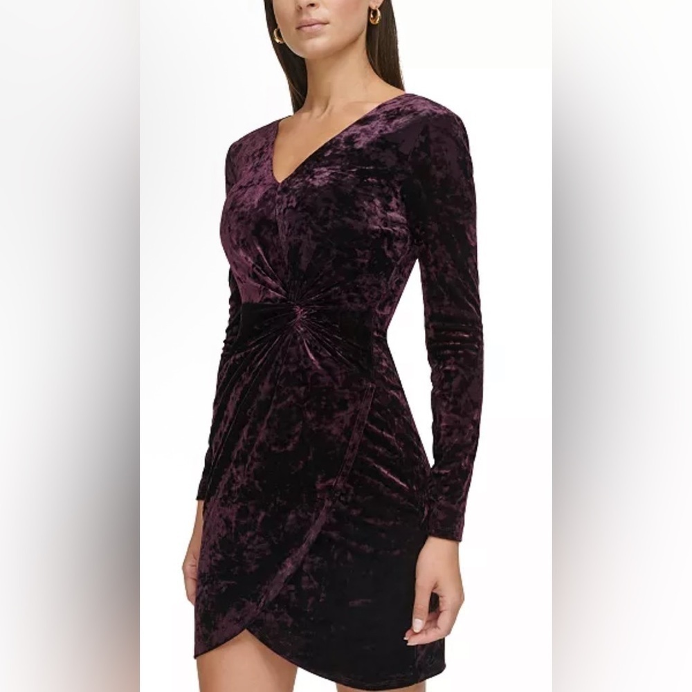 Guess Women's Velvet Ruched-Front Long-Sleeve Dress - Deep Purple NWT Size 2